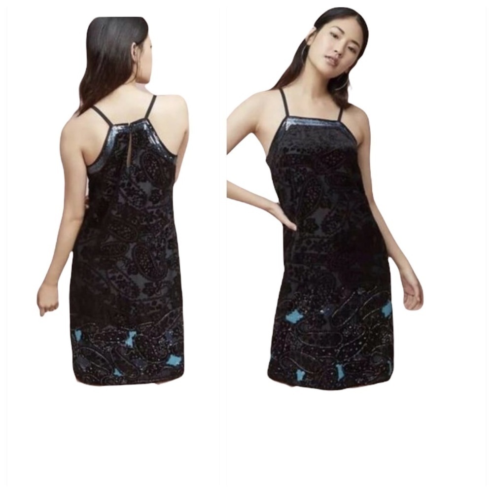 Moulinette Soeurs Anthropologie Velvet Paisley Sequin Shift Dress Black Teal 10